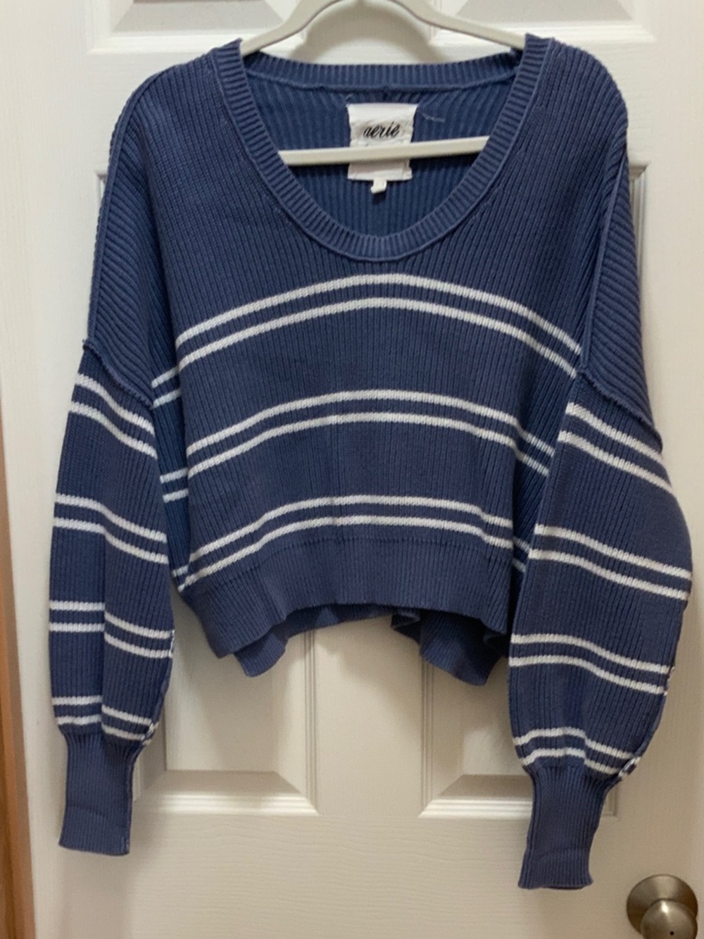 aerie women’s Blue and White Striped Cropped Crewneck Sweater